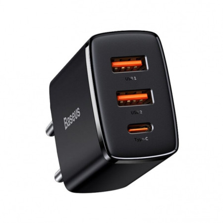 Baseus Compact Quick Charger, 2xUSB, USB-C, PD, 3A, 30W Black (Black)