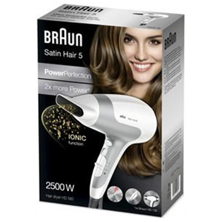 Braun Hair Dryer Satin Hair 5 HD 580 2500 W, Number of temperature settings 3, Ionic function, White/ silver