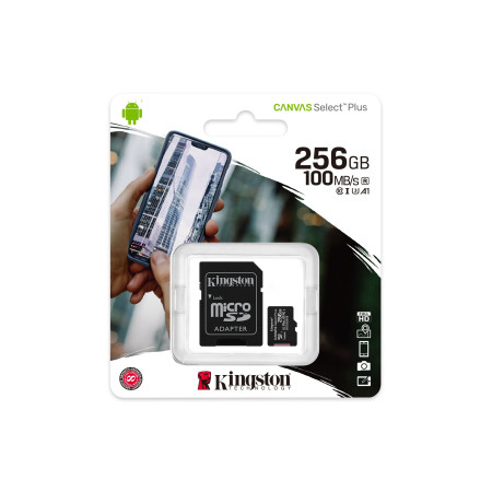 Kingston Canvas Select Plus UHS-I 256 GB, MicroSDXC, Flash memory class 10, SD Adapter