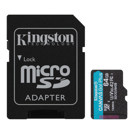 Kingston microSD Canvas Go! Plus 64 GB, MicroSD, Flash memory class 10, SD Adapter