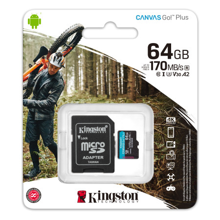 Kingston microSD Canvas Go! Plus 64 GB, MicroSD, Flash memory class 10, SD Adapter