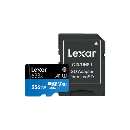 Lexar High-Performance 633x UHS-I micro SDXC, 256 GB, Class 10, U3, V30, A1, 45 MB/s, 100 MB/s