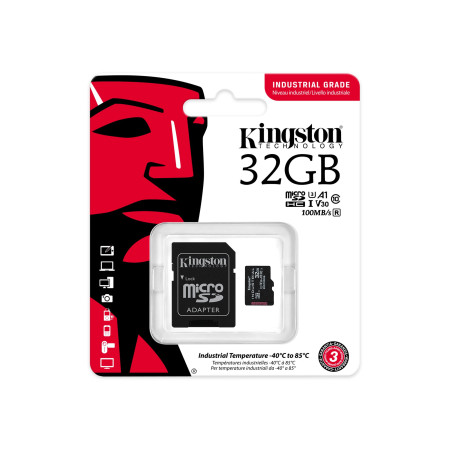 Kingston UHS-I 32 GB, microSDHC/SDXC Industrial Card, Flash memory class Class 10, UHS-I, U3, V30, A1, SD Adapter