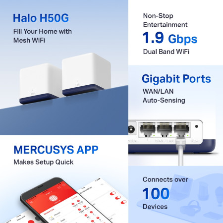 Mercusys AC1900 Whole Home Mesh Wi-Fi System Halo H50G (2-Pack) 802.11ac, 600+1300 Mbit/s, Ethernet LAN (RJ-45) ports 3, Mesh Su