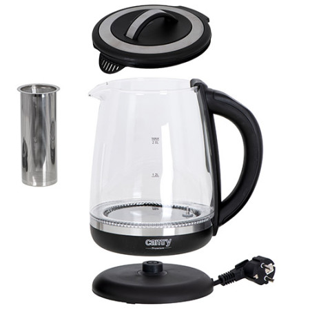 Camry Kettle CR 1290 Standard, 2200 W, 2 L, Plastic/glass, Black/Transparent, 360 rotational base