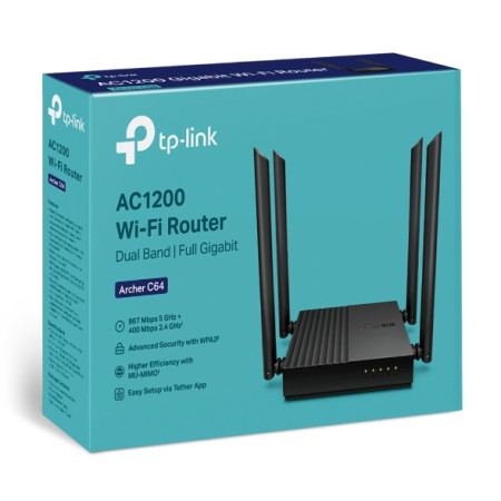 TP-LINK AC1200 Wireless MU-MIMO Wi-Fi Router Archer C64 802.11ac, 867+400 Mbit/s, Ethernet LAN (RJ-45) ports 4, MU-MiMO Yes, Ant