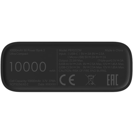 Xiaomi Mi Power Bank 3 Ultra Compact 10000 mAh, Black