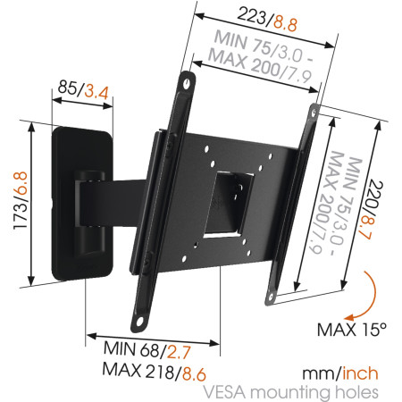 Vogels Wall mount, MA2030-A1, 19-40 ", Full motion, Maximum weight (capacity) 15 kg, VESA 100x100, 100x200, 200x100, 200x200 mm,