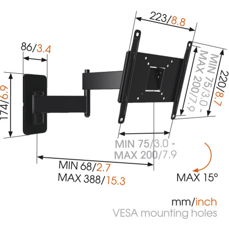 Vogels Wall mount, MA2040-A1, 19-40 ", Full motion, Maximum weight (capacity) 15 kg, VESA 100x100, 100x200, 200x100, 200x200 mm,