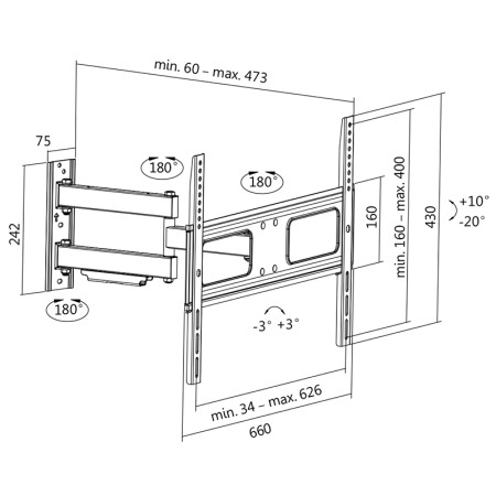 Logilink BP0019 TV Wall mount, 37"-70", tilt +10 -20 ,swievel +-90 , 473mm