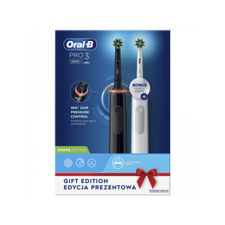 Oral-B Electric Toothbrush Pro3 3900 Cross Action Rechargeable, For adults, Number of brush heads included 2, Black and White, N