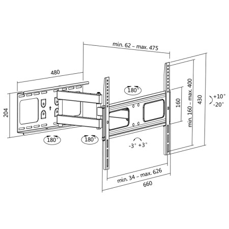 Logilink BP0028 TV Wall mount, 37"-70", tilt +10 -20 ,swievel +-90 , 475mm Logilink Wall Mount 37-70 " Maximum weight (capacity)