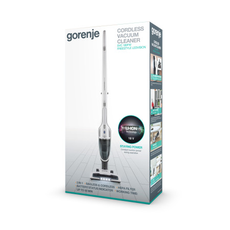 Gorenje Vacuum cleaner SVC180FW Handstick 2in1 Handstick - W 18 V Operating time (max) 50 min White Warranty 24 month(s) Battery