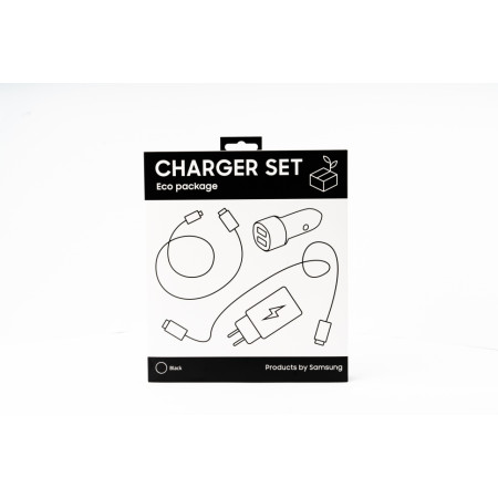 Charger set in ECO package. Includes travel and car adapters with cables (Black)