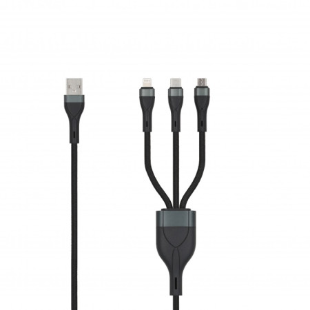 SEEK TOTI USB A to microUSB/Type-C/Lightning, 1.5 m Braided Cable 2A (non-MFI), Black (Black)