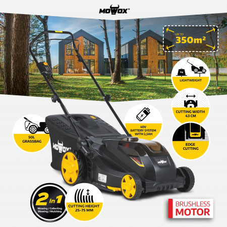 MoWox | 40V Comfort Series Cordless Lawnmower | EM 4340 PX-Li | Mowing Area 350 m | 2500 mAh | Battery and Charger included