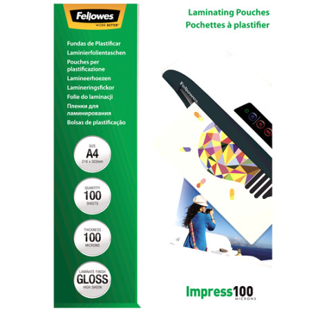 Fellowes | Laminating Pouch | A4 | Clear | Thickness: 100 micron, Qty Per Pack: 100 pcs Ideal for notices, craft materials, sign