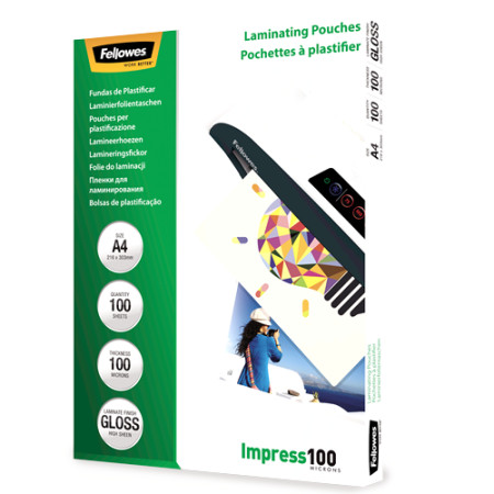 Fellowes | Laminating Pouch | A4 | Clear | Thickness: 100 micron, Qty Per Pack: 100 pcs Ideal for notices, craft materials, sign