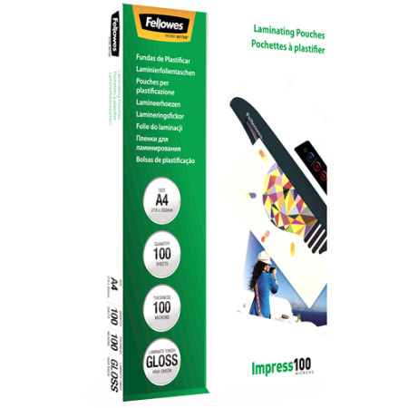 Fellowes | Laminating Pouch | A4 | Clear | Thickness: 100 micron, Qty Per Pack: 100 pcs Ideal for notices, craft materials, sign