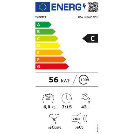 INDESIT | Washing machine | BTW L60400 EE/N | Energy efficiency class C | Top loading | Washing capacity 6 kg | 951 RPM | Depth 