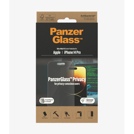 PanzerGlass | Screen protector | Apple | iPhone 14 Pro | Glass | Black | Ultra-Wide Fit Easy installation Privacy Filter Fingerp