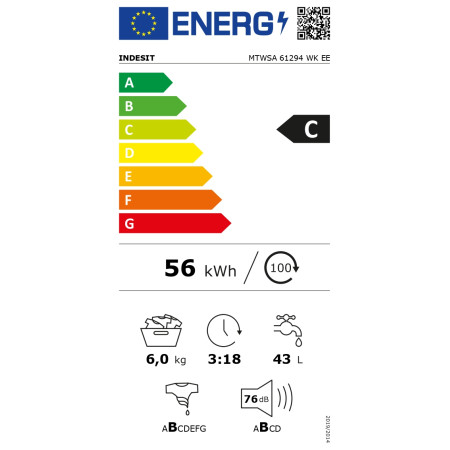 INDESIT | Washing machine | MTWSA 61294 WK EE | Energy efficiency class C | Front loading | Washing capacity 6 kg | 1151 RPM | D