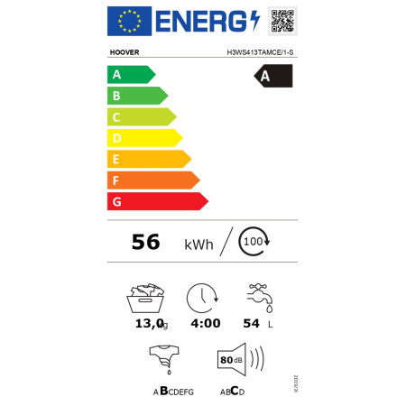 Hoover | Washing Machine | H3WS413TAMCE/1-S | Energy efficiency class B | Front loading | Washing capacity 13 kg | 1400 RPM | De