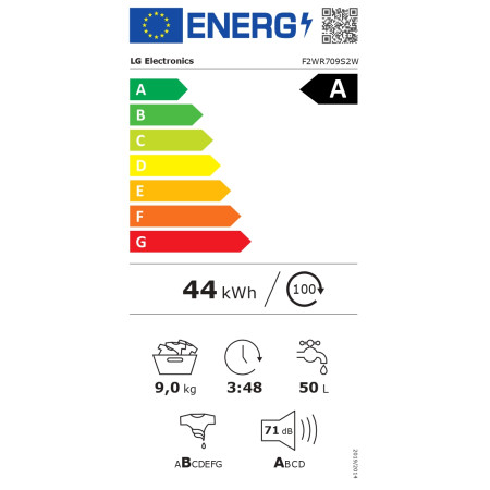 LG | Washing machine | F2WR709S2W | Energy efficiency class A-10% | Front loading | Washing capacity 9 kg | 1200 RPM | Depth 47.