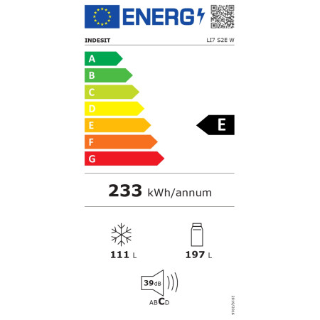 INDESIT | Refrigerator | LI7 S2E W | Energy efficiency class E | Free standing | Combi | Height 176.3 cm | Fridge net capacity 1