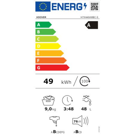 Hoover | Washing Machine | H7W449AMBC-S | Energy efficiency class A | Front loading | Washing capacity 9 kg | 1400 RPM | Depth 5