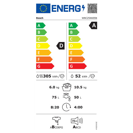 Bosch | Washing Machine with Dryer | WNC254A0SN | Energy efficiency class D | Front loading | Washing capacity 10.5 kg | 1400 RP