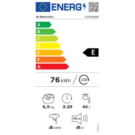 LG | Washing machine | F2J3WSBWE | Energy efficiency class E | Front loading | Washing capacity 6.5 kg | 1200 RPM | Depth 44 cm 