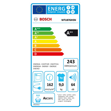 Bosch Dryer Machine with Heat Pump | WTU876IHSN | Energy efficiency class A++ | Front loading | 9 kg | LED | Depth 61.3 cm | Whi