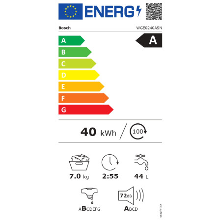 Bosch Washing Machine | WGE0240ASN | Energy efficiency class A | Front loading | Washing capacity 7 kg | 1400 RPM | Depth 59 cm 