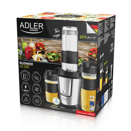 Adler | Blender | AD 4081 | Tabletop | 800 W | Jar material BPA Free Plastic | Jar capacity 0.4 + 0.57 L | Ice crushing | Black/