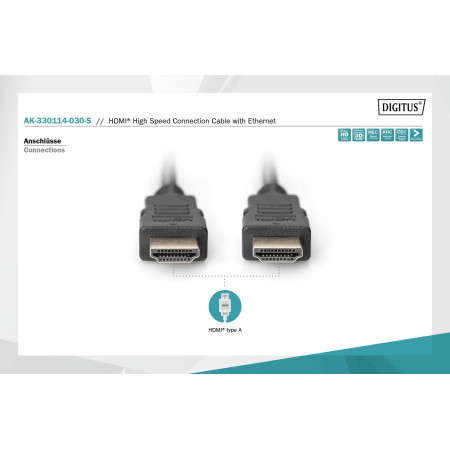 Digitus | High Speed HDMI Cable with Ethernet | Black | HDMI male (type A) | HDMI male (type A) | HDMI to HDMI | 3 m