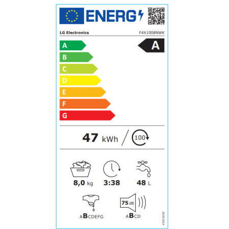 LG Washing Machine | F4X1008NWK | Energy efficiency class A | Front loading | Washing capacity 8 kg | 1400 RPM | Depth 56 cm | W