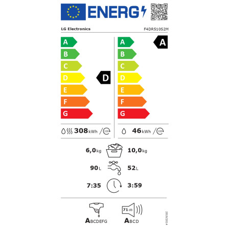 LG | Washing machine with dryer | F4DR510S2M | Energy efficiency class A | Front loading | Washing capacity 10 kg | 1400 RPM | D