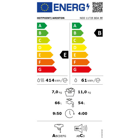 Hotpoint | Washing Machine With Dryer | NDD 11725 BDA EE | Energy efficiency class E | Front loading | Washing capacity 11 kg | 