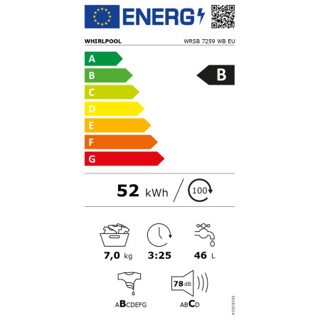 Whirlpool Washing machine | WRSB 7259 WB EU | Energy efficiency class B | Front loading | Washing capacity 7 kg | 1200 RPM | Dep