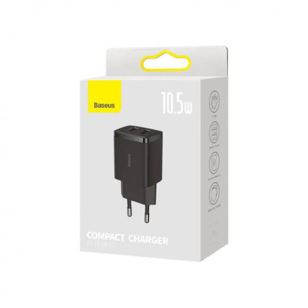 Baseus Compact Quick Charger, 2x USB, 10.5W Black