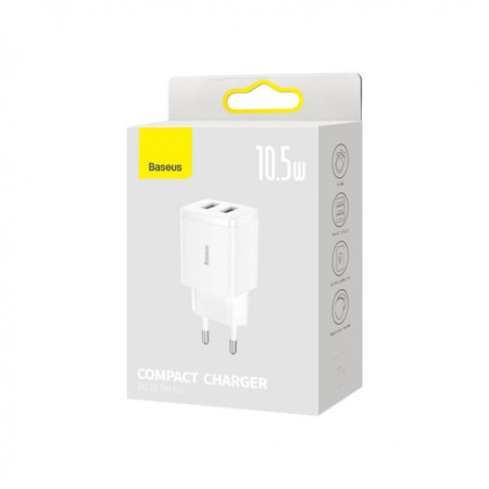 Baseus Compact Quick Charger, 2x USB, 10.5W White