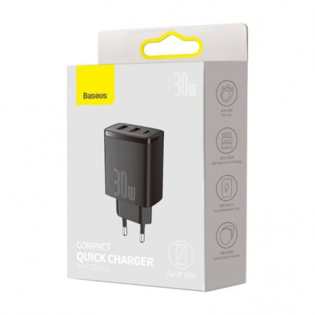 Baseus Compact Quick Charger, 2xUSB, USB-C, PD, 3A, 30W Black