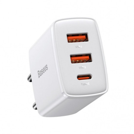 Baseus Compact Quick Charger, 2xUSB, USB-C, PD, 3A, 30W White