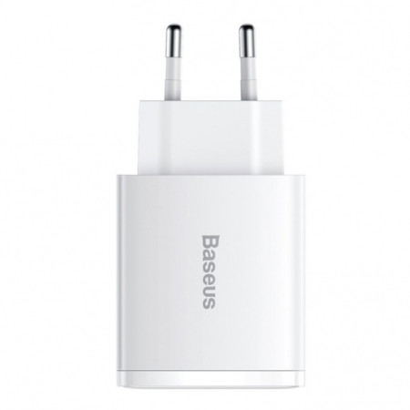 Baseus Compact Quick Charger, 2xUSB, USB-C, PD, 3A, 30W White