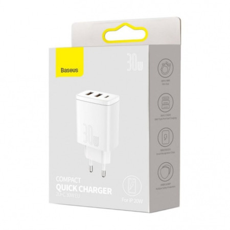 Baseus Compact Quick Charger, 2xUSB, USB-C, PD, 3A, 30W White