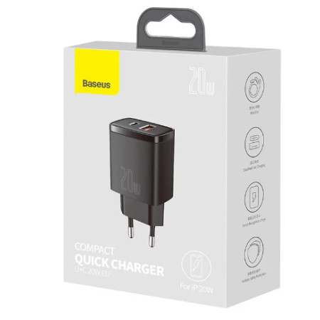 Baseus Compact Quick Charger, USB, USB-C, 20W Black