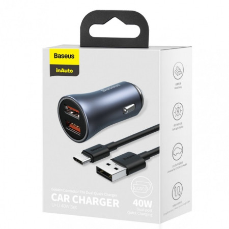 Baseus Golden Contactor Pro fast car charger 2x USB 40 W Quick Charge SCP FCP AFC + USB cable - USB Type C Gray