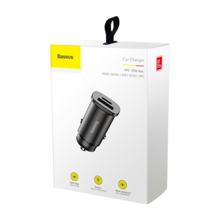 Baseus Square metal Car Charger USB+Type-C 30W PPS (PD3.0/QC4.0/SCP/AFC) Black