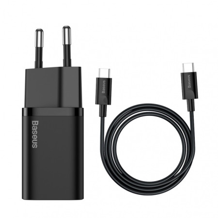 Baseus Super-Si Quick Charger 1C 25W EU Sets Black (With Mini Cable Type-C to Type-C 3A 1m Black)